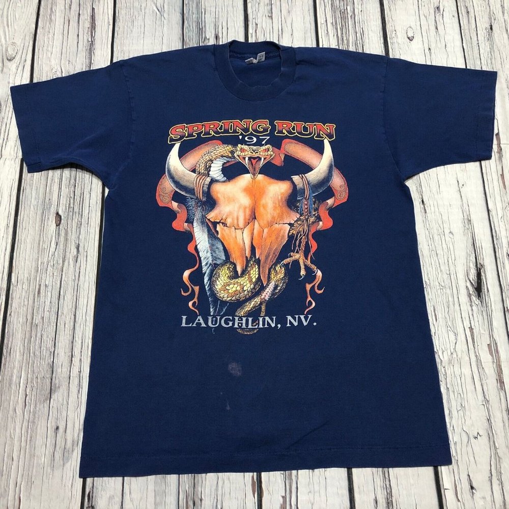 Vintage '97 Spring Run Dice Snake Bull Skull Laughlin, Nevada  Blue T-Shirt XXL